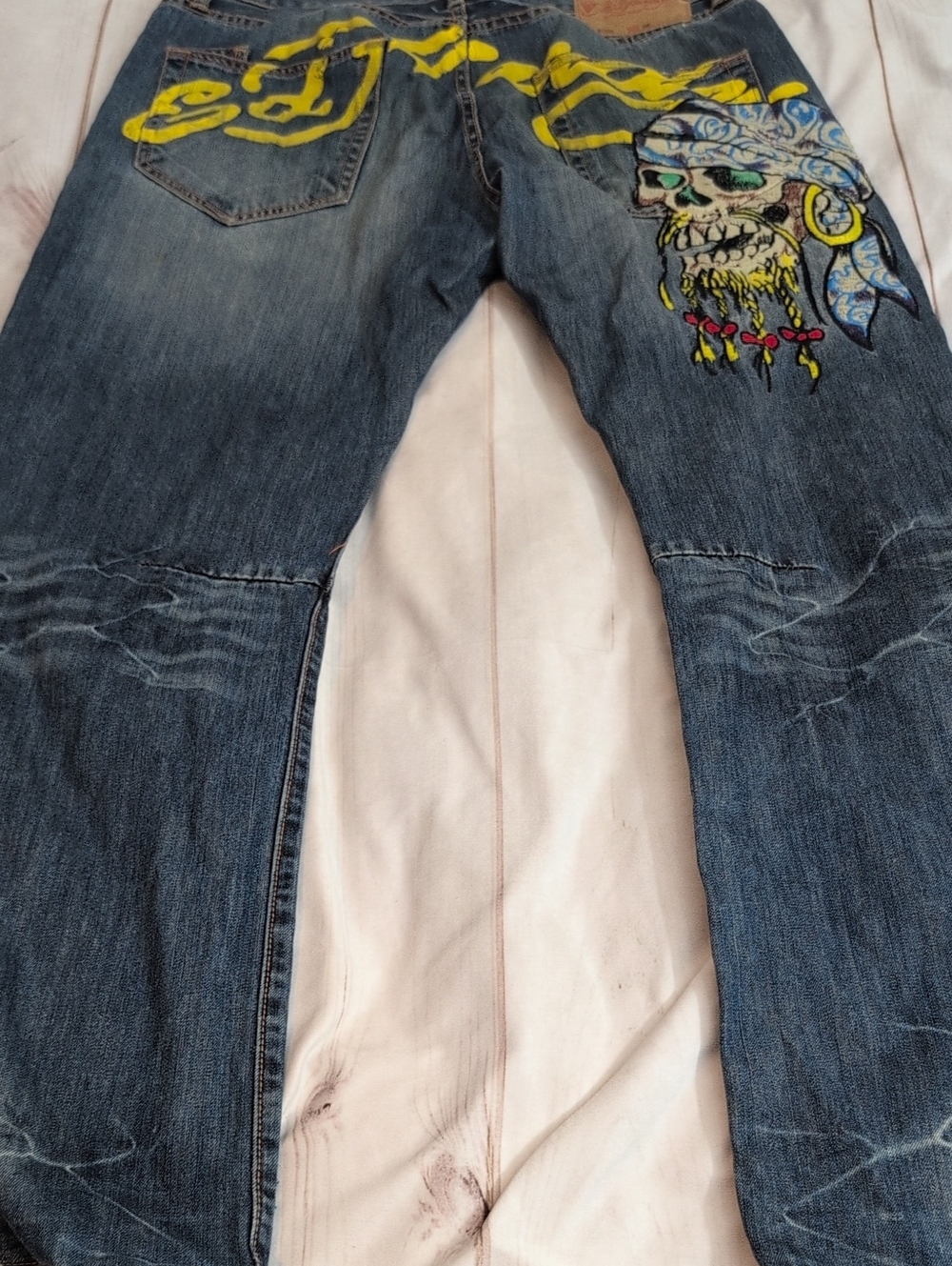 Ed Hardy Pirate Skull Jeans Mens 38x34 2008 Y2K Embroidered Denim Tattoo Biker